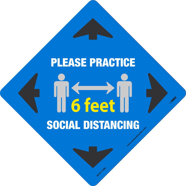 TEXWALK, PLEASE PRACTICE SOCIAL DISTANCING 6 FT, BLUE, 11.75x11.75, REMOVABLE ADHESIVE BACKED, SLIP-RESISTANT FLOOR SIGN
