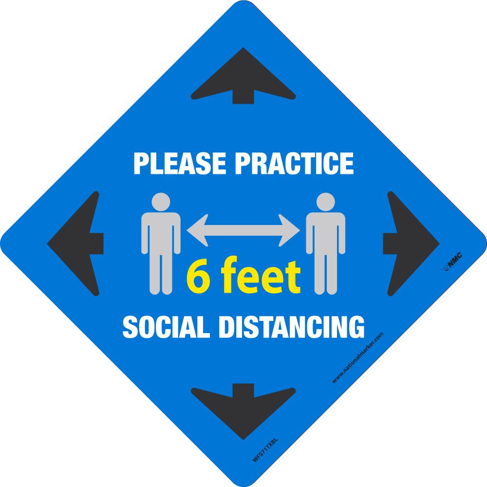 TEXWALK, PLEASE PRACTICE SOCIAL DISTANCING 6 FT, BLUE, 11.75x11.75, REMOVABLE ADHESIVE BACKED, SLIP-RESISTANT FLOOR SIGN