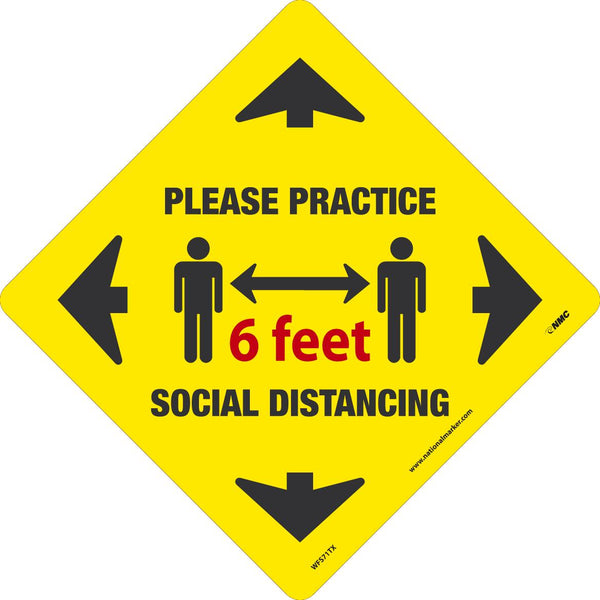 TEXWALK, PLEASE PRACTICE SOCIAL DISTANCING 6 feet, 11.75x11.75, REMOVABLE ADHESIVE BACKED, SLIP-RESISTANT FLOOR SIGN