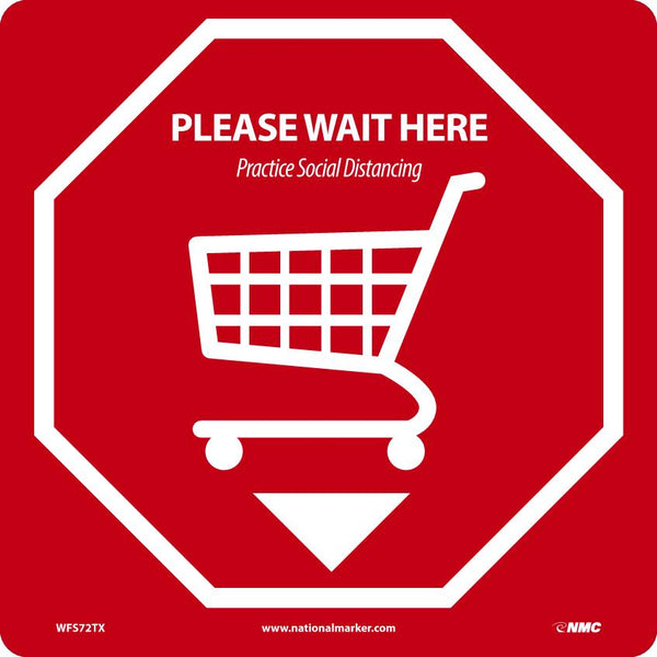 TEXWALK, PLEASE WAIT HERE Practice Social Distancing, 11.75x11.75, REMOVABLE ADHESIVE BACKED, SLIP-RESISTANT FLOOR SIGN