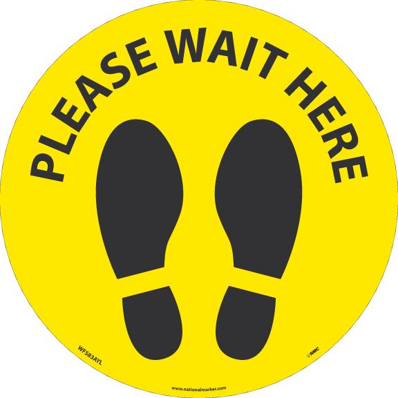 TEXWALK, PLEASE WAIT HERE FOOTPRINT, BLACK/YELLOW, 8 X 8, REMOVABLE ADHESIVE BACKED, SLIP-RESISTANT FLOOR SIGN, 10 PACK