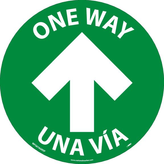 TEXWALK, ONE WAY ARROW, 8 IN DIA, GREEN, REMOVABLE ADHESIVE BACKED, SLIP-RESISTANT FLOOR SIGN, 10 PACK, ENGLISH/SPANISH