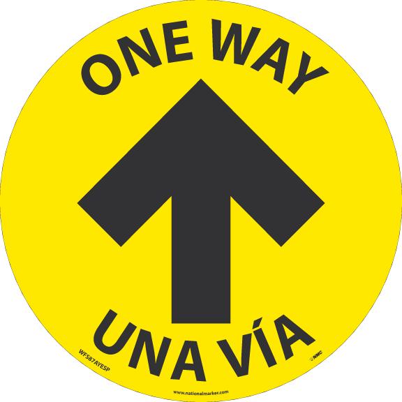 TEXWALK, ONE WAY ARROW, 8 IN DIA, BLACK/YELLOW, REMOVABLE ADHESIVE BACKED, SLIP-RESISTANT FLOOR SIGN, ENGLISH/SPANISH, 10 PACK