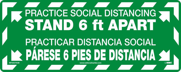 TEXWALK, PRACTICE SOCIAL DISTANCING STAND 6FT APART, FLOOR SIGN, GREEN, REMOVABLE ADHESIVE BACKED, SLIP-RESISTANT FLOOR SIGN MATERIAL, 7.63 X 19.63, ENGLISH/SPANISH