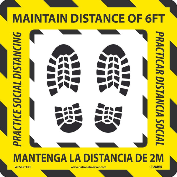 TEMP STEP, PLEASE PRACTICE SOCIAL DISTANCING 6 feet,  BLACK/YELLOW, 12x12, NON-SKID SMOOTH ADHESIVE BACKED REMOVABLE VINYL, ENGLISH/SPANISH