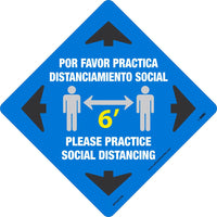 WALK ON, PLEASE PRACTICE SOCIAL DISTANCING 6 FT, BLUE, 12x12, NON-SKID TEXTURED ADHESIVE BACKED VINYL, ENGLISH/SPANISH