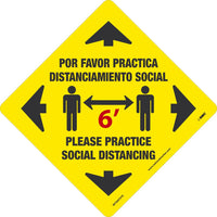 TEXWALK, PLEASE PRACTICE SOCIAL DISTANCING 6 feet,  BLACK/YELLOW, 11.75x11.75, REMOVABLE ADHESIVE BACKED, SLIP-RESISTANT FLOOR SIGN, ENGLISH/SPANISH