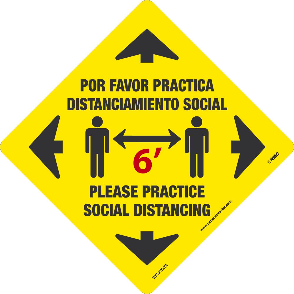 TEXWALK, PLEASE PRACTICE SOCIAL DISTANCING 6 feet,  BLACK/YELLOW, 11.75x11.75, REMOVABLE ADHESIVE BACKED, SLIP-RESISTANT FLOOR SIGN, ENGLISH/SPANISH