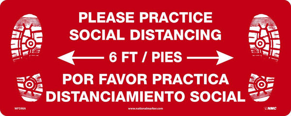 TEMP STEP, PLEASE PRACTICE 6FT SOCIAL DISTANCING, FLOOR SIGN, NON-SKID SMOOTH ADHESIVE BACKED REMOVABLE VINYL, 8 X 20, ENGLISH/SPANISH