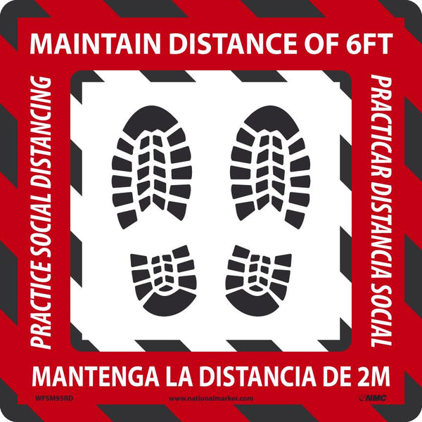 WALK ON - SMOOTH, CAUTION SOCIAL DISTANCING FOOTPRINTS, RED, 12x12, ENGLISH/SPANISH, NON-SKID SMOOTH ADHESIVE BACKED VINYL