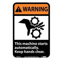 WARNING, THIS MACHINE STARTS AUTOMATICALLY KEEP HANDS CLEAR (W/GRAPHIC), 14X10, PS VINYL
