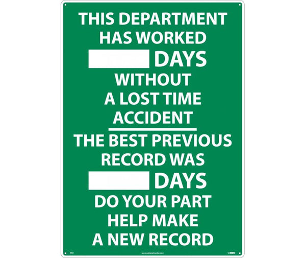 THIS DEPARTMENT HAS WORKED __DAYS WITHOUT A LOST TIME ACCIDENT...THE BEST PREVIOUS RECORD WAS ___ DAYS DO YOUR PART HELP MAKE A NEW RECORD, 28X20, .040 ALUM