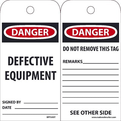 TAGS, DANGER, DEFECTIVE EQUIPMENT, 6X3, SYNTHETIC PAPER, 25/PK (HOLE)