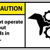 CAUTION, DO NOT OPERATE WITHOUT GUARDS IN PLACE (GRAPHIC), 3X5, PS VINYL, 5/PK