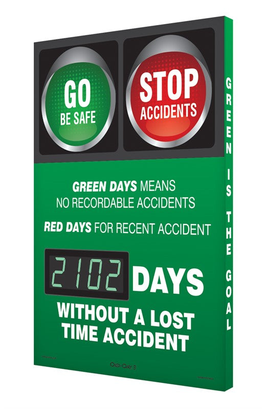 Digi-Day® 3 Electronic Safety Scoreboards: Green Days Means No Recordable Accidents Red Days For Recent Accident __ Days Without A Lost Time Accident