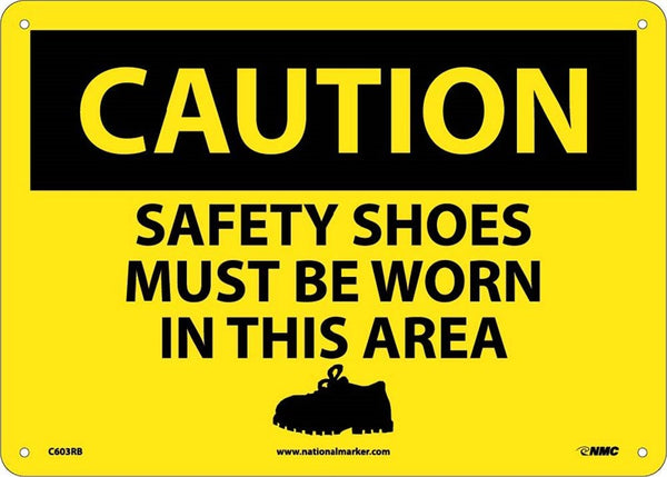CAUTION, SAFETY SHOES MUST BE WORN IN THIS AREA, GRAPHIC, 10X14, RIGID PLASTIC