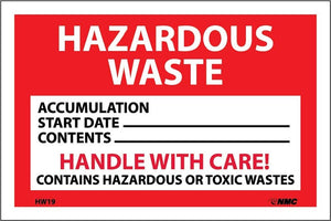 LABELS, HAZARDOUS WASTE HANDLE WITH CARE, 4X6, PS PAPER, 500/RL