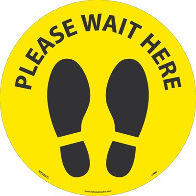 WALK ON - SMOOTH, PLEASE WAIT HERE FOOTPRINT, BLACK ON YELLOW, FLOOR SIGN, 8 X 8,NON-SKID SMOOTH ADHESIVE BACKED VINYL,