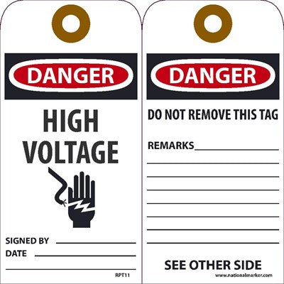 TAGS, DANGER HIGH VOLTAGE, 6X3, UNRIP VINYL, 25/PK W/ GROMMET