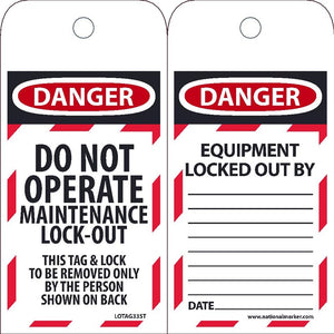 TAGS, DANGER, DO NOT OPERATE MAINTENANCE DEPARTMENT, 6X3, SYNTHETIC PAPER, 25/PK (HOLE)