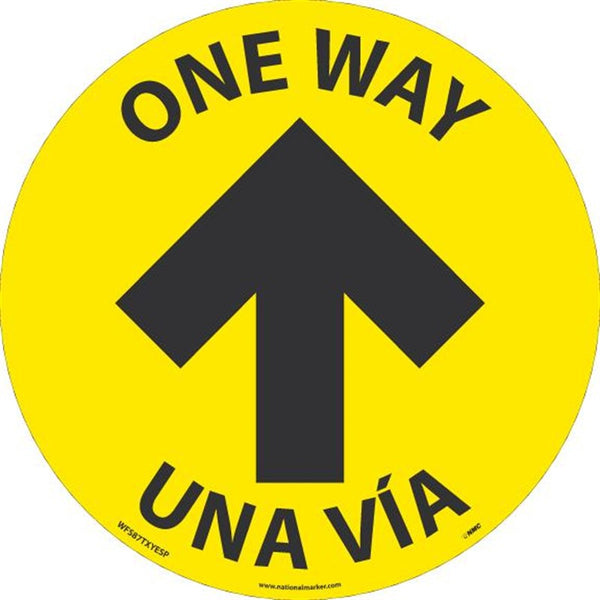 WALK ON - SMOOTH, ONE WAY ARROW, 8 IN DIA, BLACK/YELLOW, NON-SKID SMOOTH ADHESIVE BACKED VINYL, ENGLISH/SPANISH