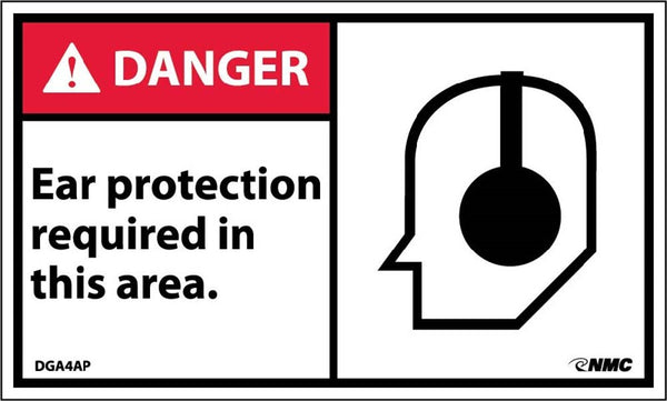 DANGER, EAR PROTECTION REQUIRED IN THIS AREA, GRAPHIC, 3X5, PS VINYL, 5/PK
