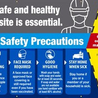 A SAFE AND HEALTHY JOB SITE IS ESSENTIAL, COVID-19 SAFETY PRECAUTIONS, 5 X 10 MESH BANNER W/ GROMMETS