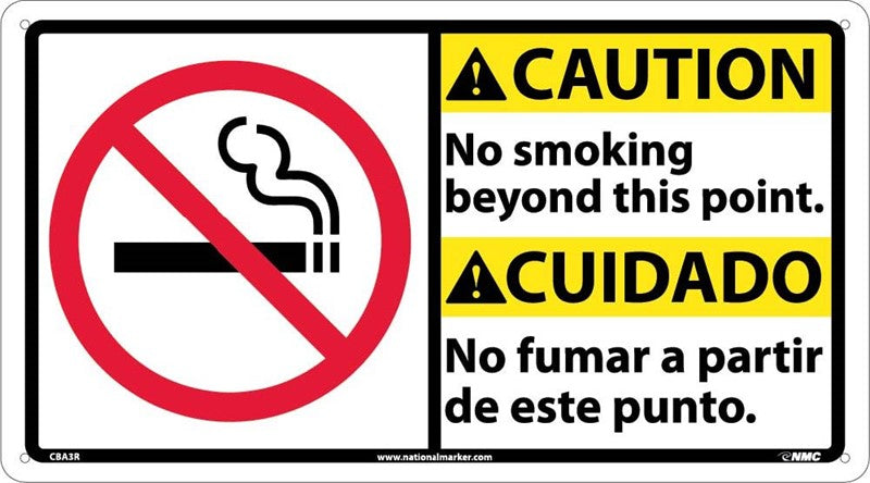 CAUTION, NO SMOKING BEYOND THIS POINT (BILINGUAL W/GRAPHIC), 10X18, RIGID PLASTIC