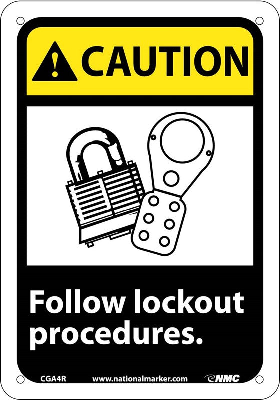 CAUTION, FOLLOW LOCK OUT PROCEDURES (W/GRAPHIC), 10X7, RIGID PLASTIC