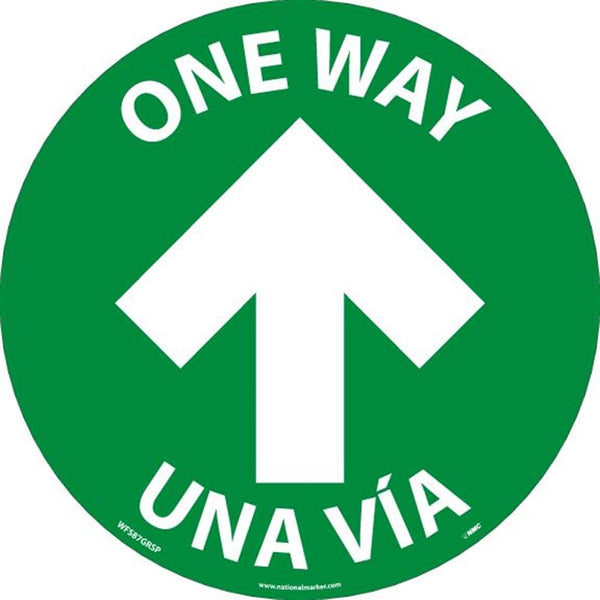 WALK ON - SMOOTH, ONE WAY ARROW, 8 IN DIA, GREEN, NON-SKID SMOOTH ADHESIVE BACKED VINYL, ENGLISH/SPANISH, 10/PK