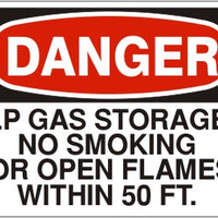 Danger LP Gas Storage No Smoking Or Open Flames Within 50 Ft. Signs | D-4521