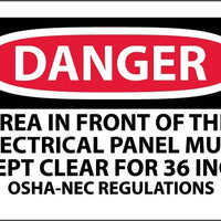 DANGER, AREA IN FRONT OF THIS ELECTRICAL PANEL. . ., 3X5, PS VINYL, 5/PK