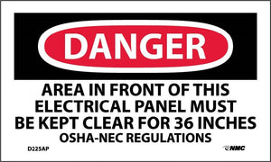DANGER, AREA IN FRONT OF THIS ELECTRICAL PANEL. . ., 3X5, PS VINYL, 5/PK