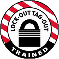 HARD HAT EMBLEM, LOCK-OUT TAG-OUT TRAINED, 2" DIA, PS VINYL