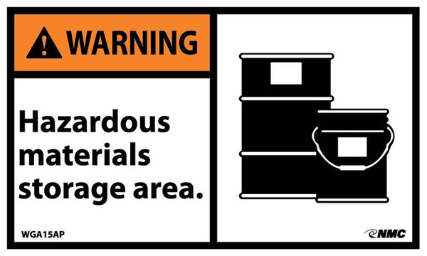WARNING, HAZARDOUS MATERIALS STORAGE AREA (GRAPHIC), 3X5, PS VINYL, 5/PK