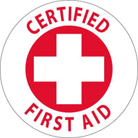 HARD HAT LABEL, CERTIFIED FIRST AID, 2"DIA. REFLECTIVE PS VINYL, 25/PK
