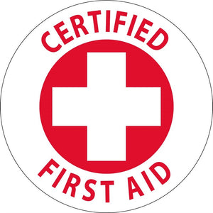 HARD HAT LABEL, CERTIFIED FIRST AID, 2"DIA. REFLECTIVE PS VINYL, 25/PK