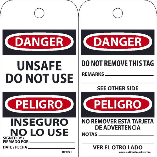 TAGS, DANGER, UNSAFE DO NOT USE, BILINGUAL, 25PK, 6X3, .015 UNRIPPABLE VINYL WITH 1 TOP CENTER HOLE, ZIP TIES INCLUDED