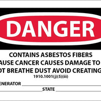 LABELS, DANGER CONTAINS ASBESTOS FIBERS, AVOID CREATING DUST, CANCER AND LUNG DISEASE HAZARD, AVOID BREATHING AIRBORNE ASBESTOS FIBERS, NAME OF GENERATOR, CITY, STATE,  3X5, PS PAPER, 500/RL