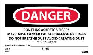 LABELS, DANGER CONTAINS ASBESTOS FIBERS, AVOID CREATING DUST, CANCER AND LUNG DISEASE HAZARD, AVOID BREATHING AIRBORNE ASBESTOS FIBERS, NAME OF GENERATOR, CITY, STATE,  3X5, PS PAPER, 500/RL