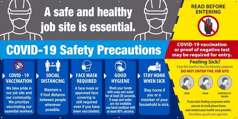 A SAFE AND HEALTHY JOB SITE IS ESSENTIAL, COVID-19 SAFETY PRECAUTIONS, 6 X 12 MESH BANNER W/ GROMMETS