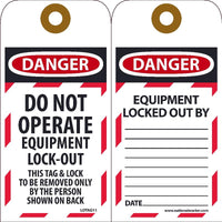 TAGS, LOCKOUT, DO NOT OPERATE EQUIPMENT LOCKED OUT, 6X3, UNRIP VINYL, 25/PK     GROMMET