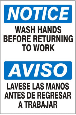 Notice Wash Hands Before Returning To Work Bilingual Signs | M-0019