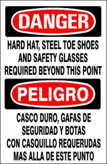 Danger Hard Hat Steel Toe Shoes And Safety Glasses Required Beyond This Point Bilingual Signs | M-0720