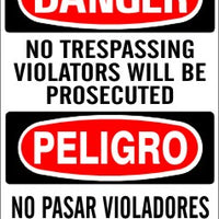Danger No Trespassing Violators Will Be Prosecuted Bilingual Signs | M-0730