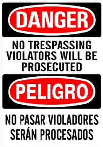 Danger No Trespassing Violators Will Be Prosecuted Bilingual Signs | M-0730