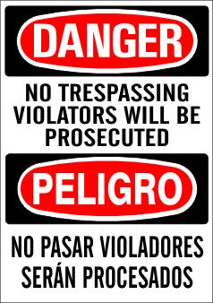 Danger No Trespassing Violators Will Be Prosecuted Bilingual Signs | M-0730