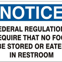 Notice Federal Regulation Require That No Food Be Stored Or Eaten In Restroom Signs | N-2604