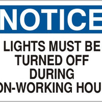 Notice Lights Must Be Turned Off During Non-Working Hours Signs | N-4502