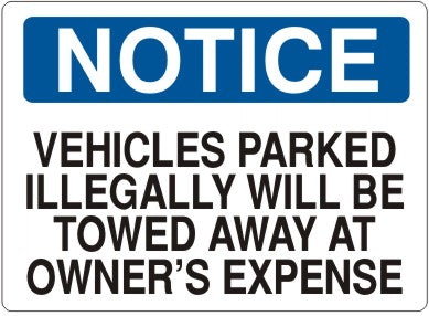 Notice Vehicles Parked Illegally Will Be Towed Away At Owner's Expense Signs | N-8703